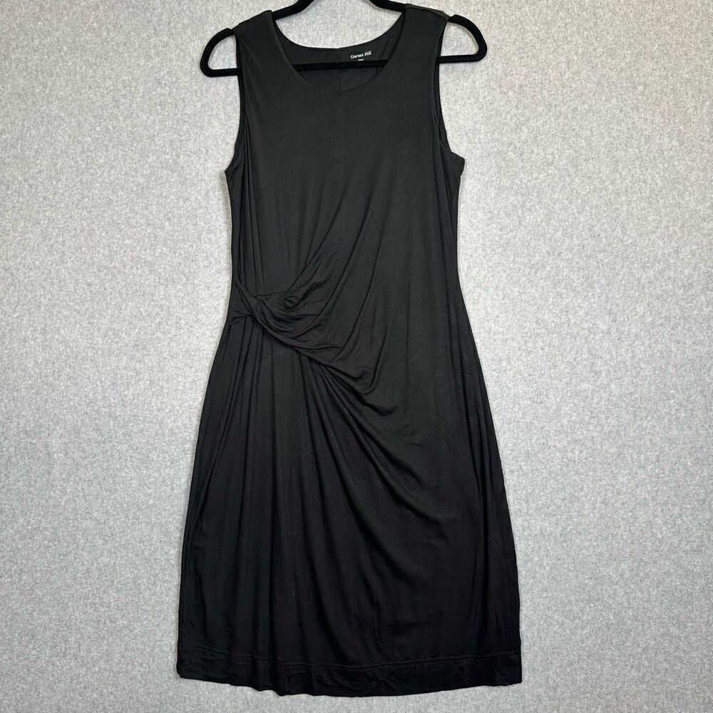 Garnet Hill Womens Size 8 Twist Front Midi Shift Dress Black Sleeveless Stretch